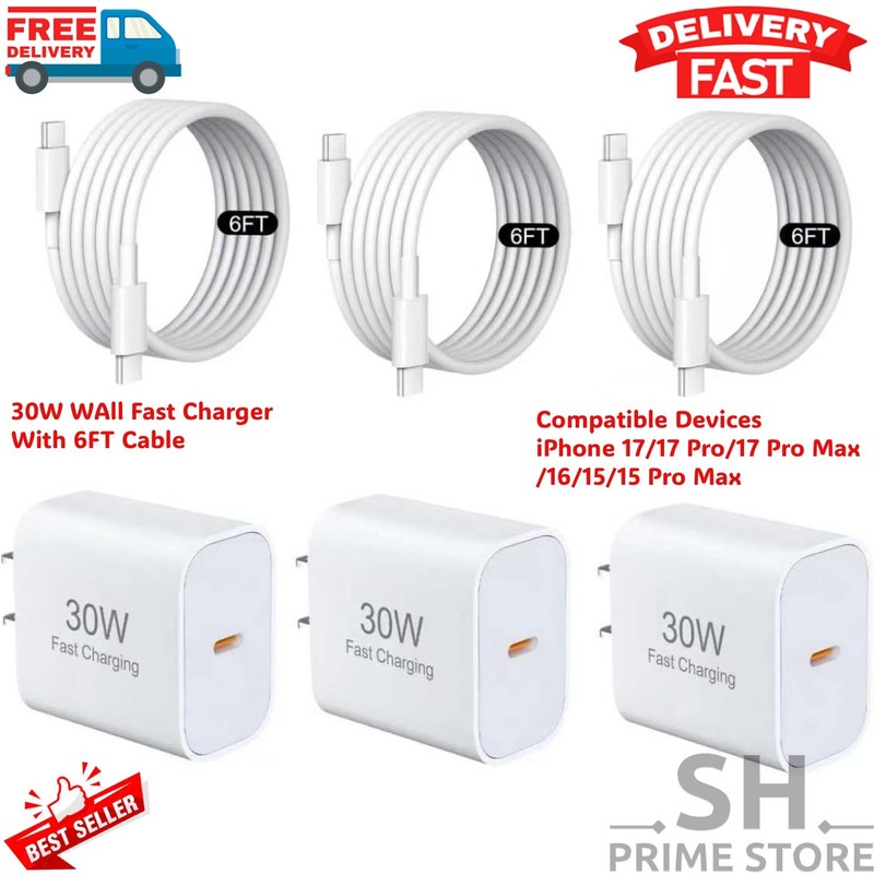 3 Original Carga Rapida USB-C De 30W Cargador Para iPhone 17 16 15 Pro Max Plus