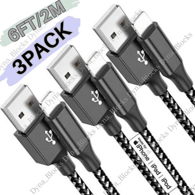 3 Pack 6FT Braided USB Charger Cable For Apple iPhone 14 13 7 6 X Charging Cord
