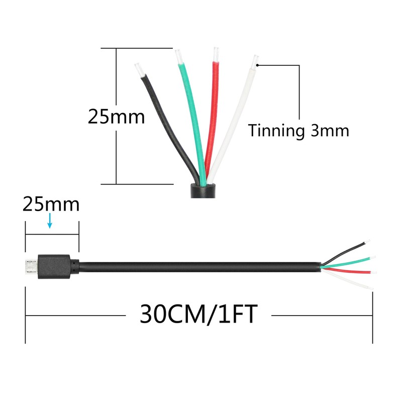 Short Micro USB Male to 4 Pin Bare Wire 11inch Micro USB Male Plug 5V/3A 4 Pi... gallery