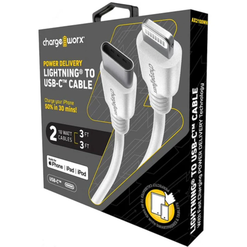 Chargeworx 3ft Power Delivery 8-Pin to USB-C Cables - 2-Pack White (Open Box)