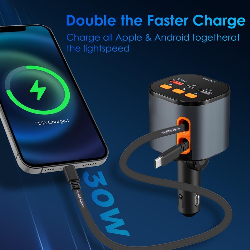 Retractable Car Charger,5 in 1 Fast Cars Phone Charger Small, Black gallery