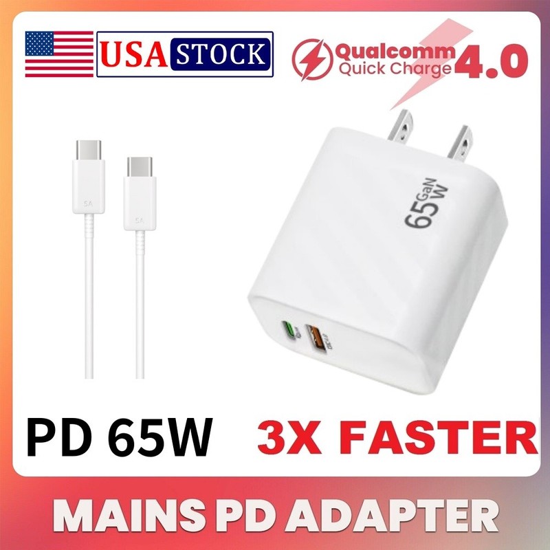 65W PD Power Adapter Duo Wall Charger 1 USB-C Cables For Samsung Galaxy S23 S22
