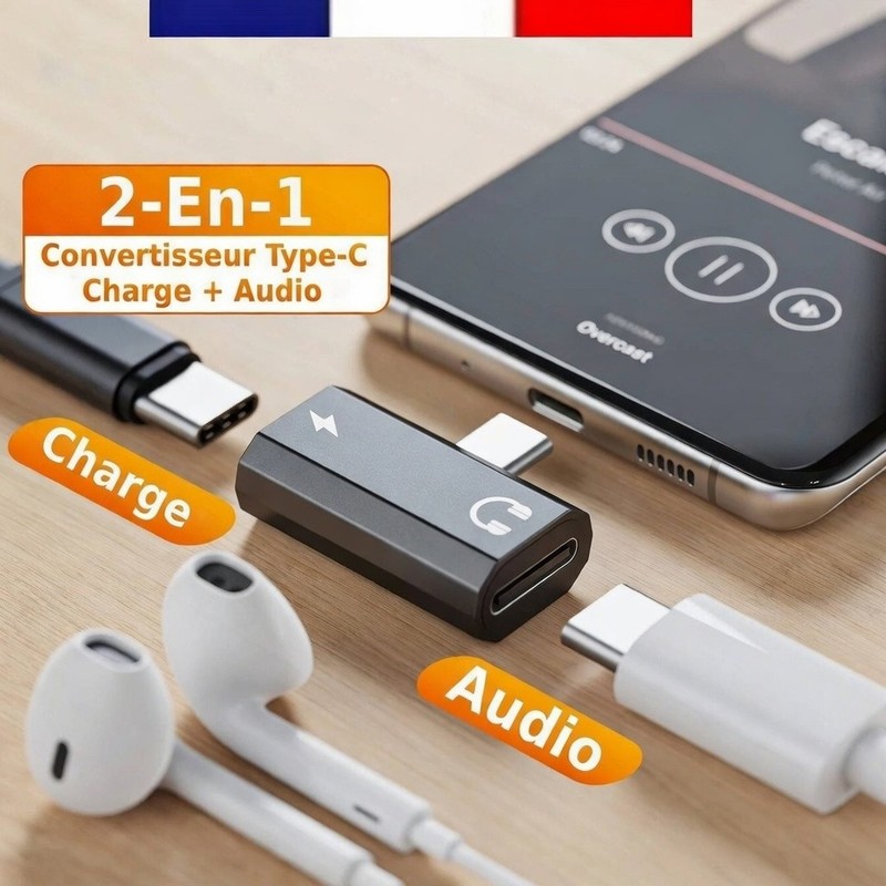 2 in 1 Mini Universal USB-C / Type C Charging Adapter + Audio Headphones Headphones