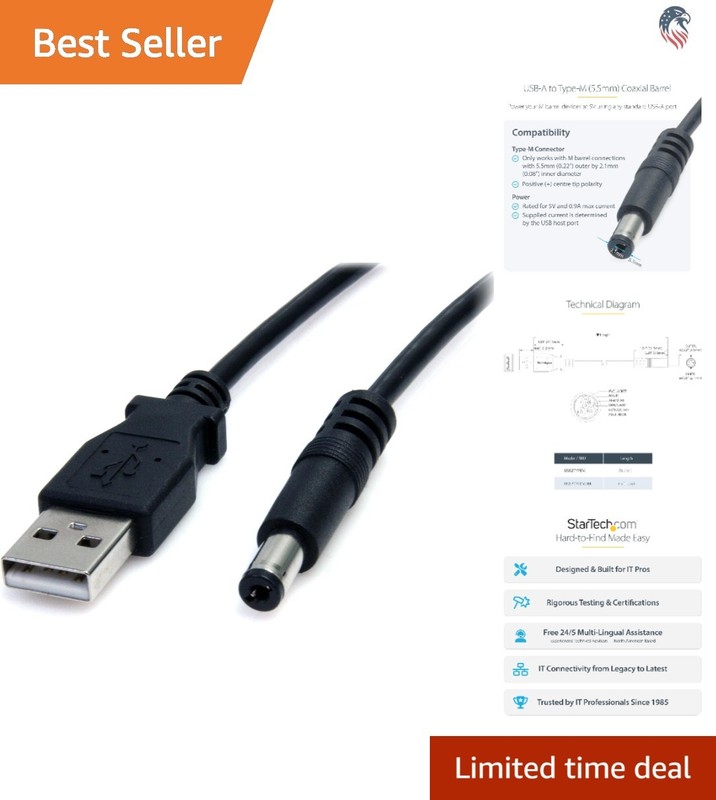 3Ft USB to Type M Barrel Power Cable Compatible with 5V Devices Black