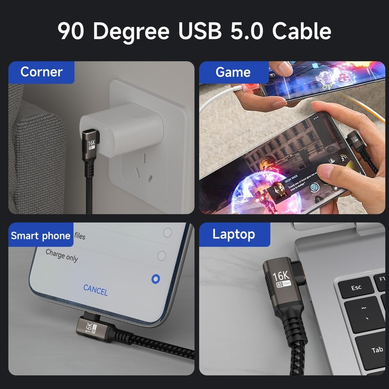 6.6FT Right Angle USB-C Cable, 90° Type C 240W Fast Charging, 16K/8K Video, 80Gb gallery
