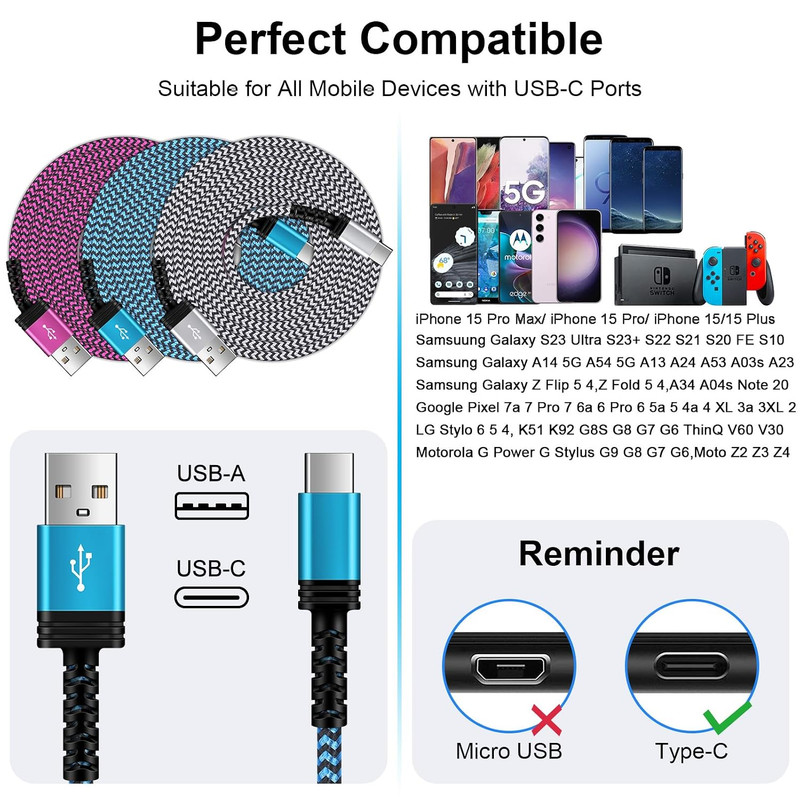 USB C Charger Cable 6Ft/3Pack for Iphone 17 16E/16/16 Pro/16 Pro Max/16 Plus,15/ gallery