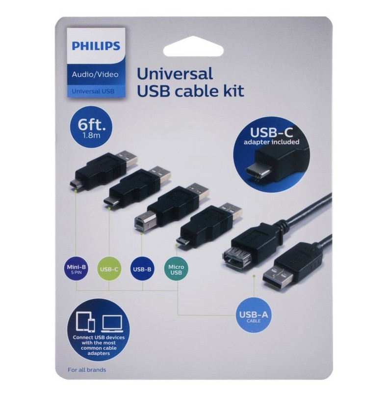 Philips 6′ USB 2.0 Universal Kit with USB-C – Black Y4