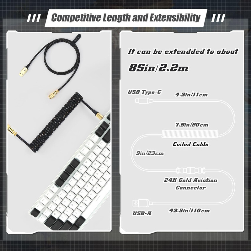 C03 Custom Braided Coiled USB C to A Keyboard Cable Black Extendable Spiral gallery