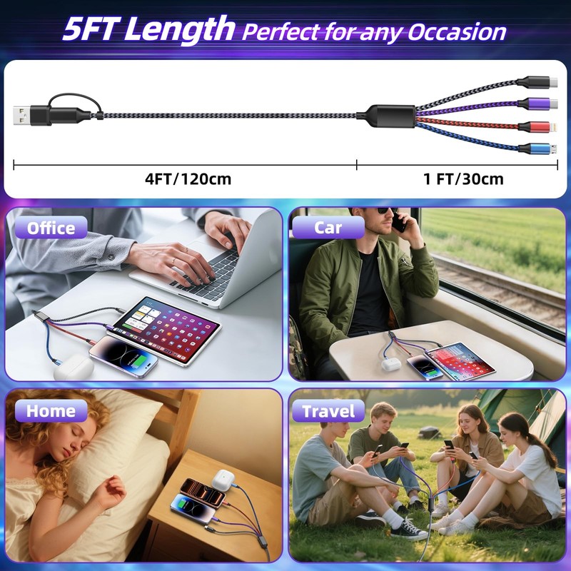 4 in 2 Dual USB C Multi Charging Cable, Travel Phone 1Pack 5FT, Black_Gray gallery
