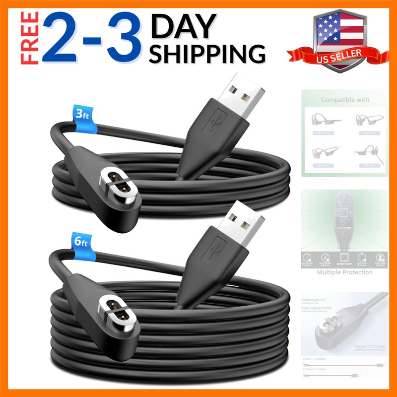 3.3ft & 6ft Shokz Charging Cable [2 Pack Black] aftershokz Headphones Charger…