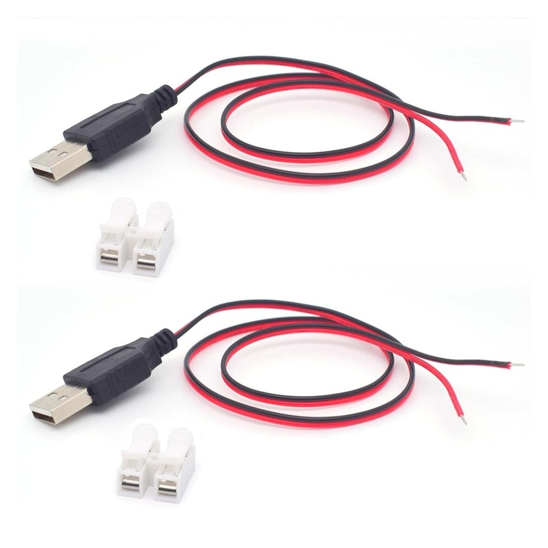 2 PCS 3.3 ft USB 2.0 Male Plug 2-Pin Bare Wire Pigtail Open End Cable