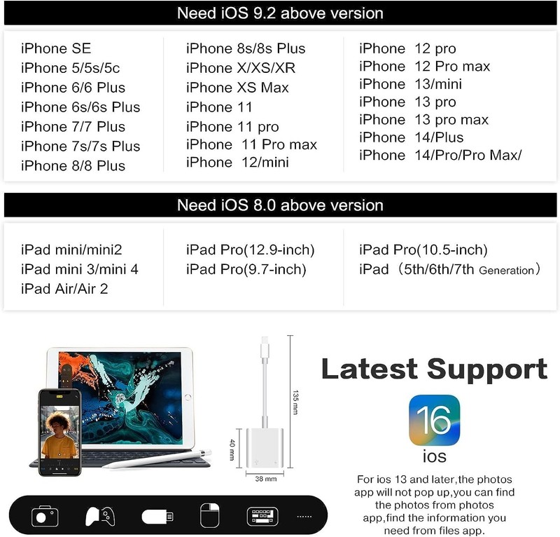 For Apple USB Camera Adapter Transfer Photos Videos with charging for iPhone gallery