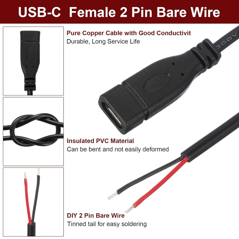 MECCANIXITY 0.25M/0.8Ft Type C Female Plug Bare Wire Pigtail Cable, 22AWG 12V 3A gallery