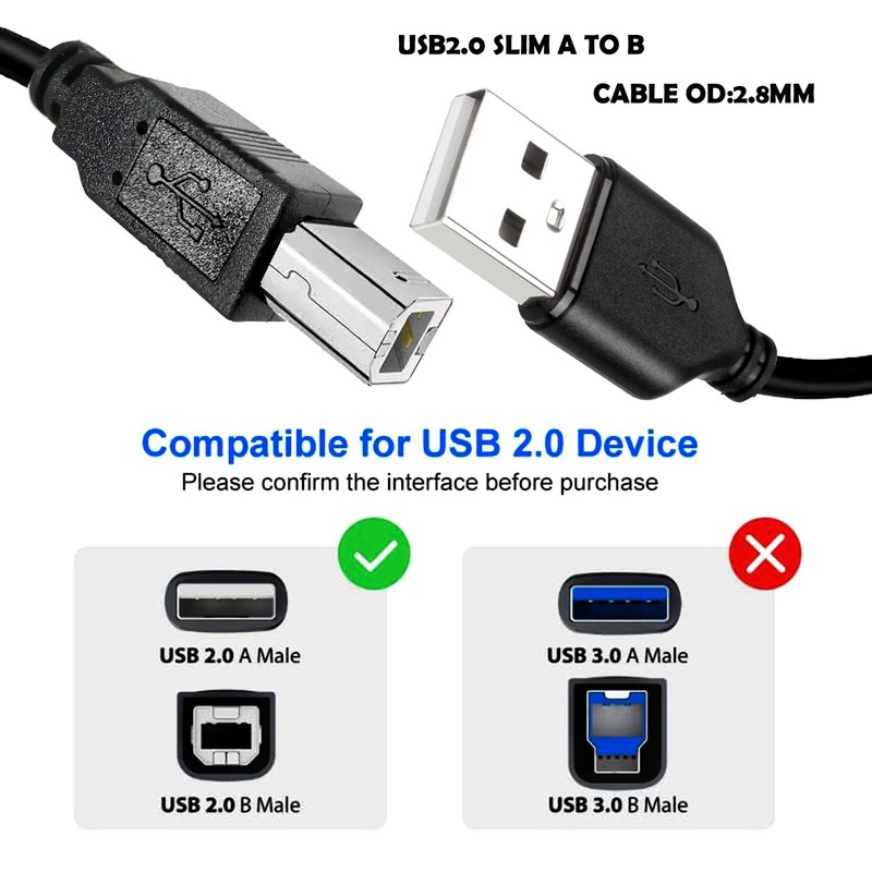 25FT Slim OD2.8MM USB A to USB B 2.0 Wire Long Fast Charging Cord for Printer gallery