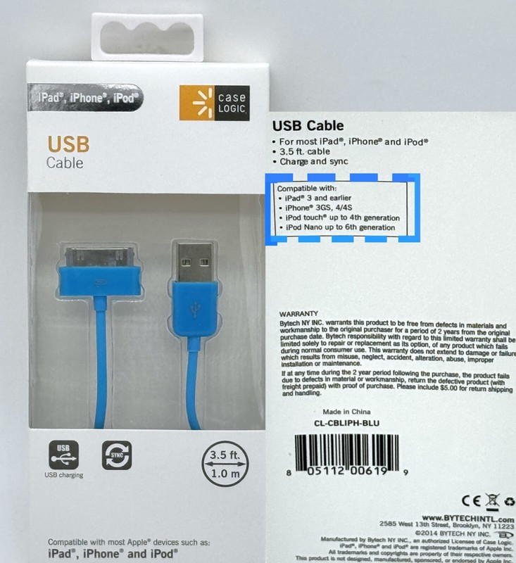X-2 Case Logic iPad iPhone iPod USB Charging Sync Cable 3.5-Ft Blue 2 Cable Lot