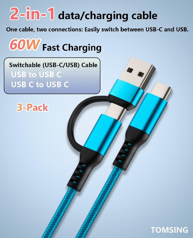 2-in-1 USB to USB 60W Fast Charging Cable USB to USB ，3Pack 9.8FT ， Braided C... gallery
