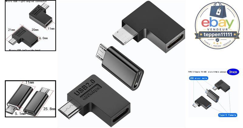 USB-C to Micro USB Adapter 90 Degree Left Right Angled 3 Pack gallery