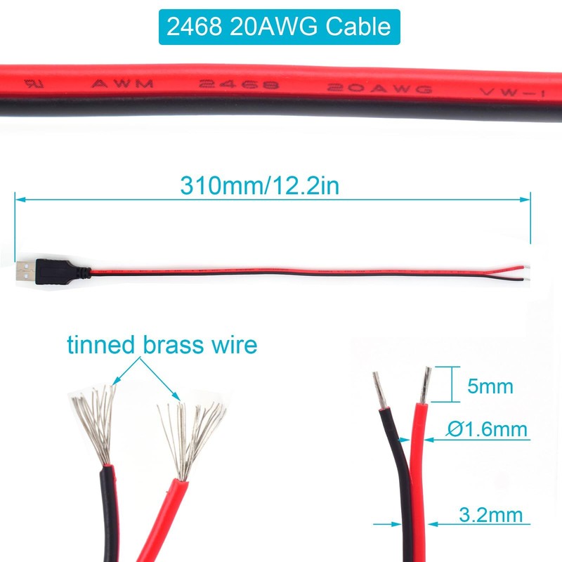 1FT 20AWG USB Male Pigtail 2.0 2 Pin Bare Wire 5V 5A Power Extension Cable gallery