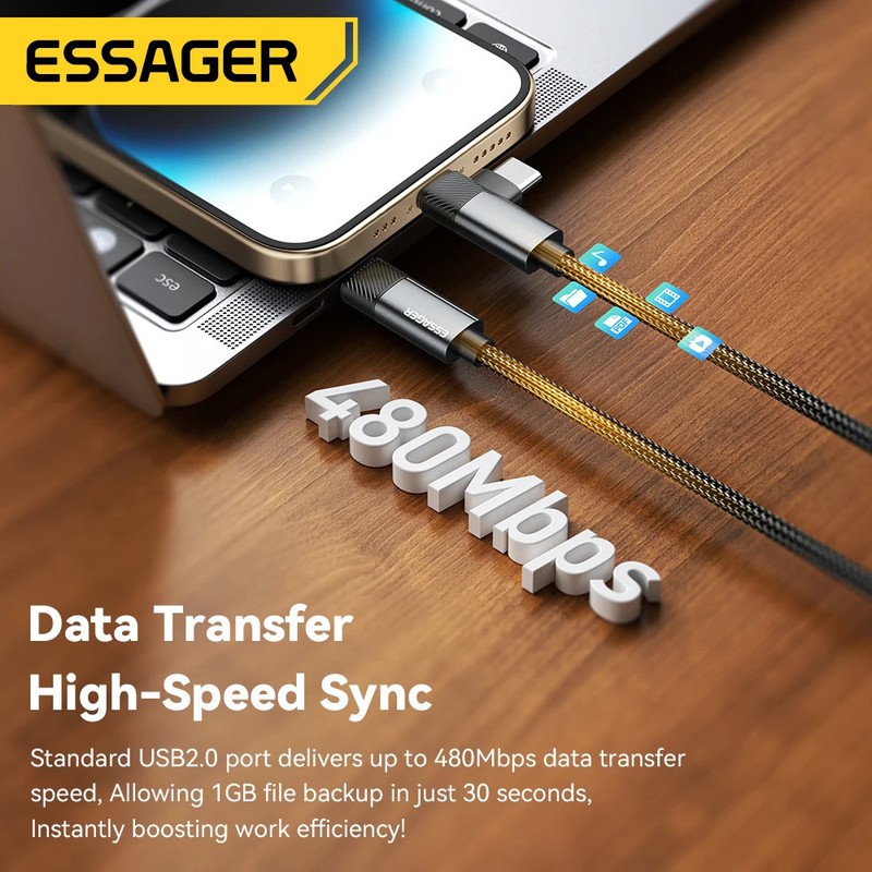 2-in-1 Right Angle USB-C Fast Charging Cable 65W PD Data Cable for iPhone gallery