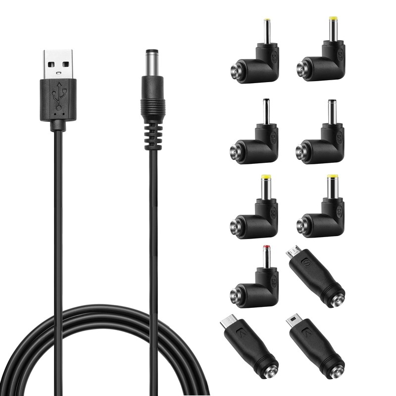 DC 5V USB To DC 5.5×2.1mm Plug Charging Power Cord Cable 10 Connector Tips