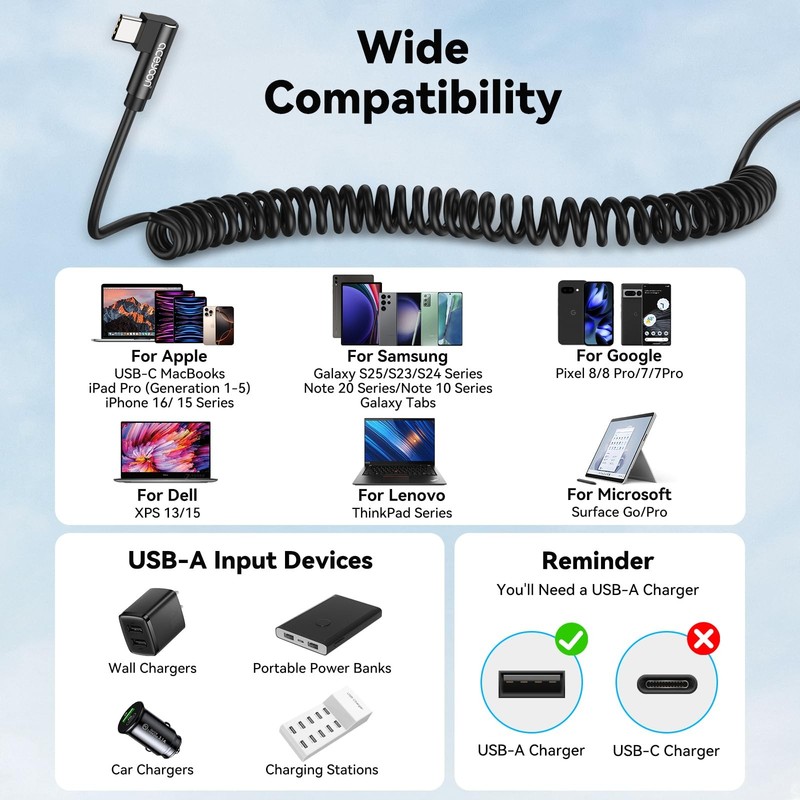 2 Pack Coiled USB C Cable, 90 Degree USB A to USB C Cable 60W USB Type C Char... gallery