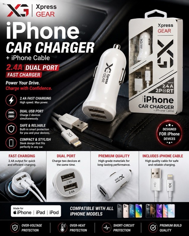 🔥Xpress Gear iPhone Car Charger 2.4A Dual Port Fast Charger+Cable White🔥