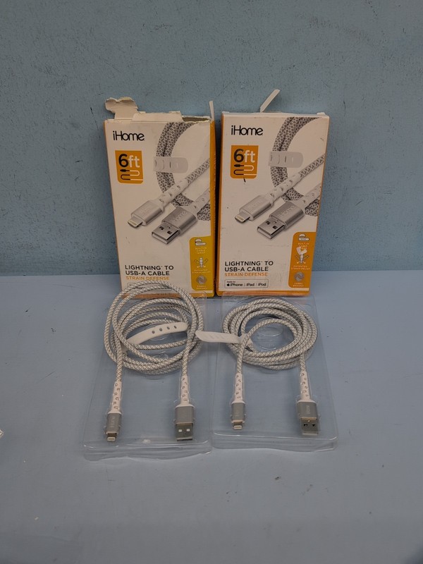 iHome 6ft Fast Charging USB A Cable Nylon Braided White Pack of 2