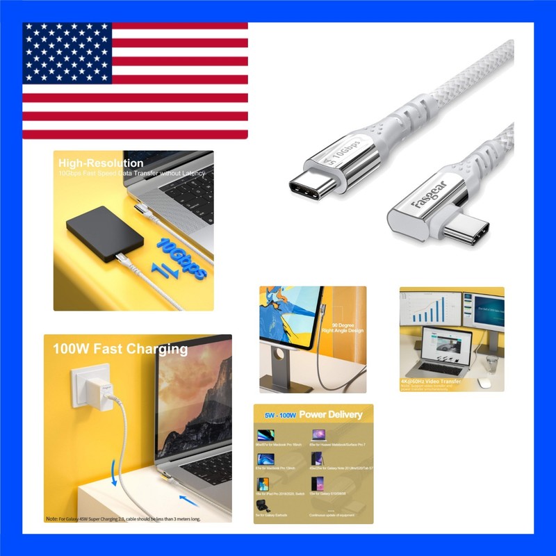 100W USB C to USB C 90 Degree Cable 10ft – Fast Charging & 10Gbps Data Transfer