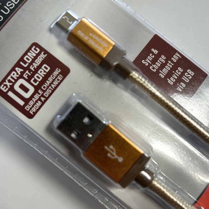 USB to Micro USB, 10 ft Braided Cord, Sync & Charge Cable - Gold/Yellow - NEW gallery