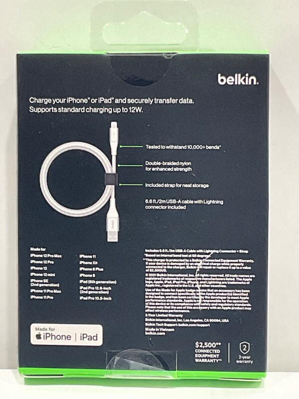Belkin BOOSTCHARGE Braided USB to Light Cable + Strap 6.6 ft Open Box new gallery