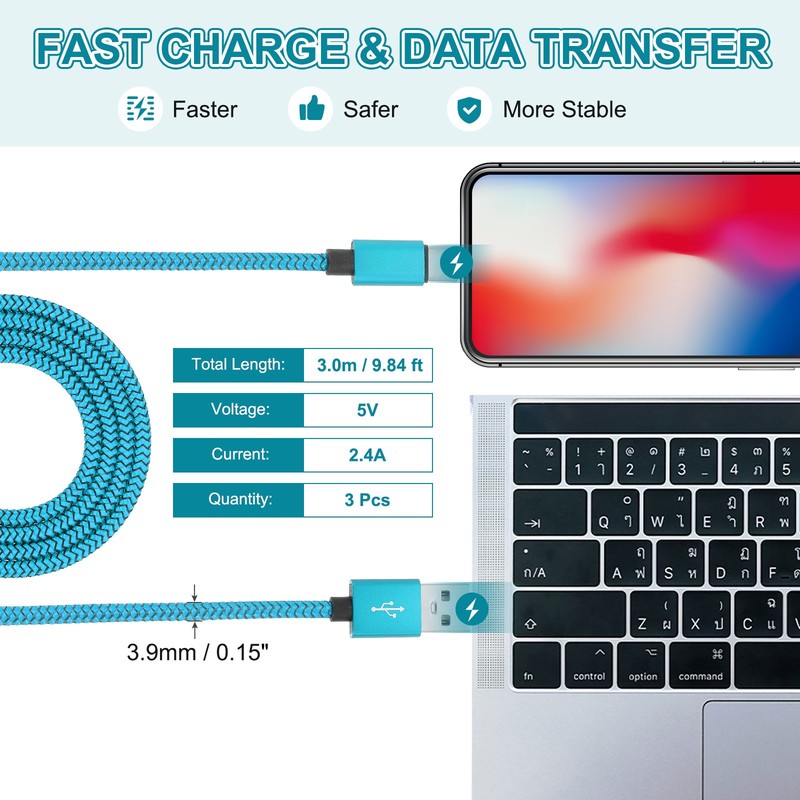 9.84ft USB Type C Charger Cable 3pcs 2.4A Type-C Braided Charging Data Cord Blue gallery