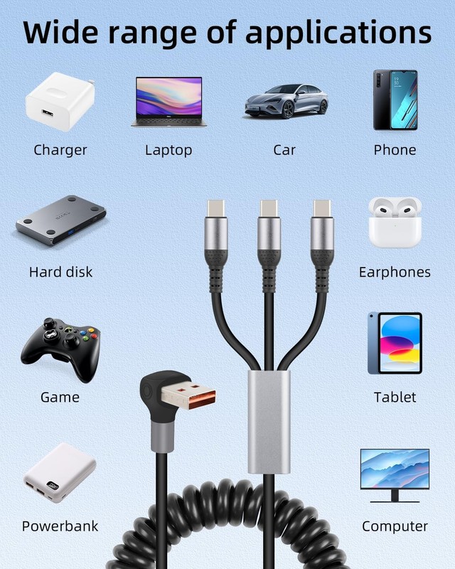 90 Degree USB A to USB Splitter Charging Cable,3 in 1 Coiled USB A to USB Fas... gallery