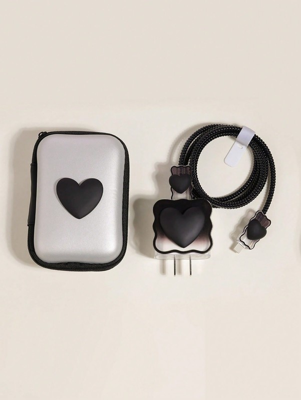Black Love Heart 5-Piece Cable Protector Set With Storage Pouch gallery