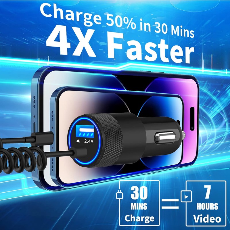 【MFi Certified】iPhone Fast Car Charger, 6FT Lightning Coiled, Ceramic Black gallery