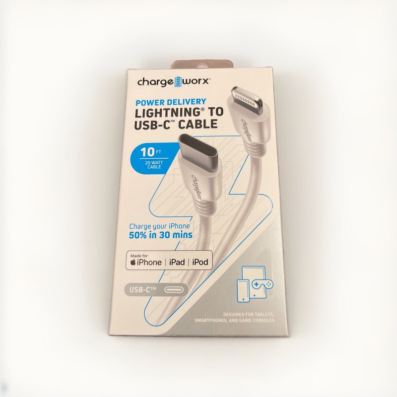 Lighting to USB-C Cable ChargeWorx CX4630WH 10 Ft Power Delivery White iPhone