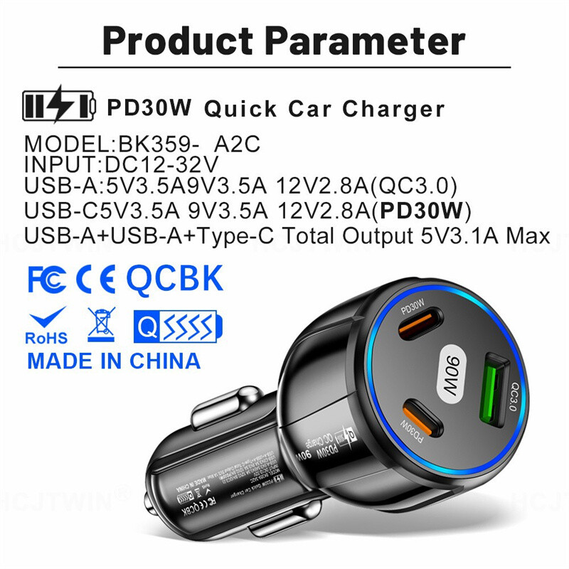 90W LED PD Fast Car Charger 3 Ports Adapter For Samsung iPhone Android Phone gallery