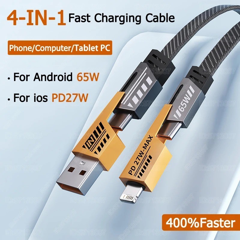 4 in 1 USB C Fast Charging Cable 65W USB A to USB C Data Sync Charger Cord