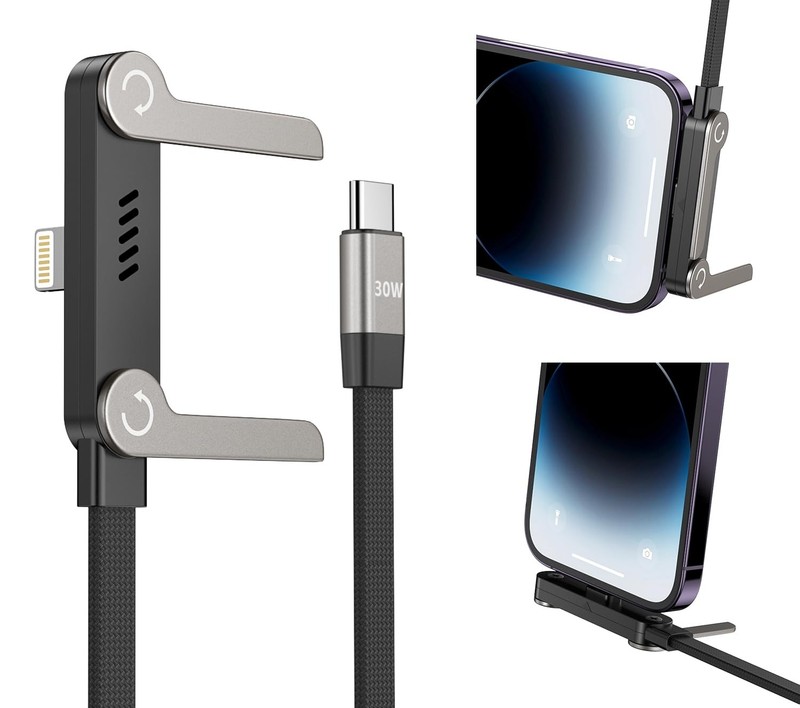 USB to Lightning Cable with Stand, MFi Certified 2-in-1 Invisible Holder Char...