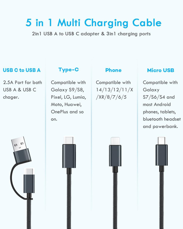 Multi Charging Cable 5 in 1, 2PCS 4FT USB C/A Multi Charger Cable to Type-C/Micr gallery