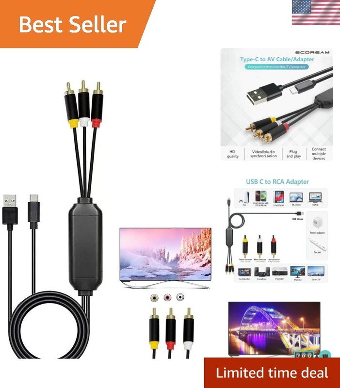 6Ft Type-C to RCA Cable – High-Speed Screen Mirroring with USB Charging Option