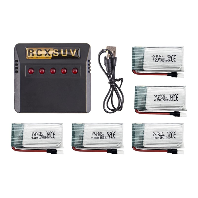5PCS 3.7V 500mAh LiPo Batteries + 5-in-1 USB Charger for RC Drones/Planes/Toys gallery