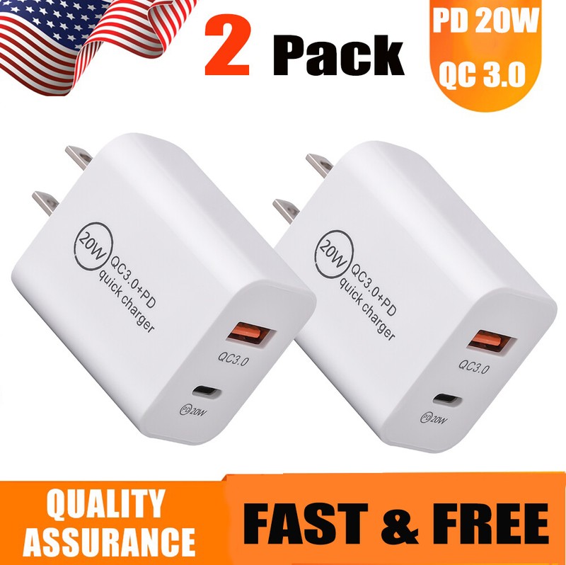 2 X USB PD 20W Quick Type-C QC 3.0 Fast Charge Phone Wall Chargers Adapter White
