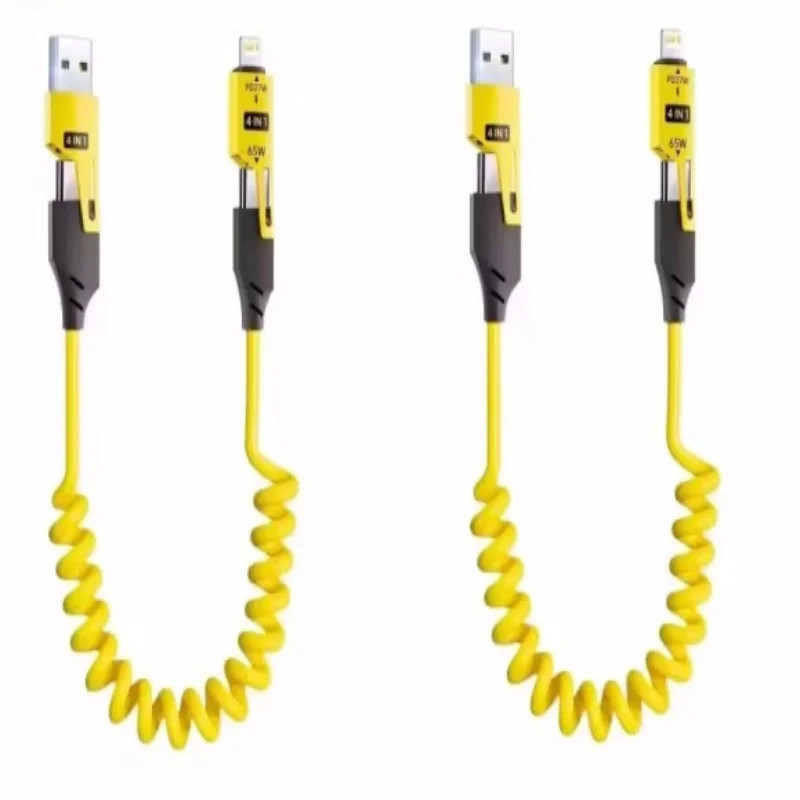 4-in-1 65W Spring-loaded Short Data Cable, 6A USB Type-C Fast Charging Cable