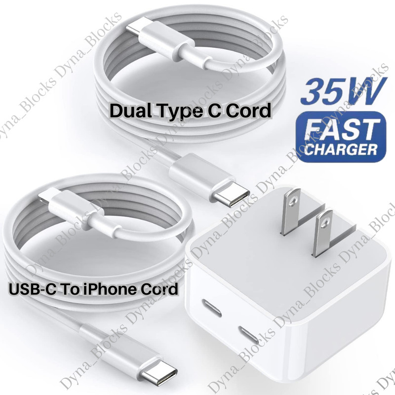 Dual USB-C Fast Charger PD 35W Power Block Type C Cable For iPhone iPad Samsung