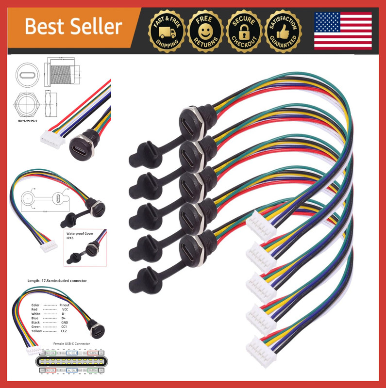 Type C Female Socket 6Pin Header 24AWG 2.0mm Panel Mount DC Power Cable Set