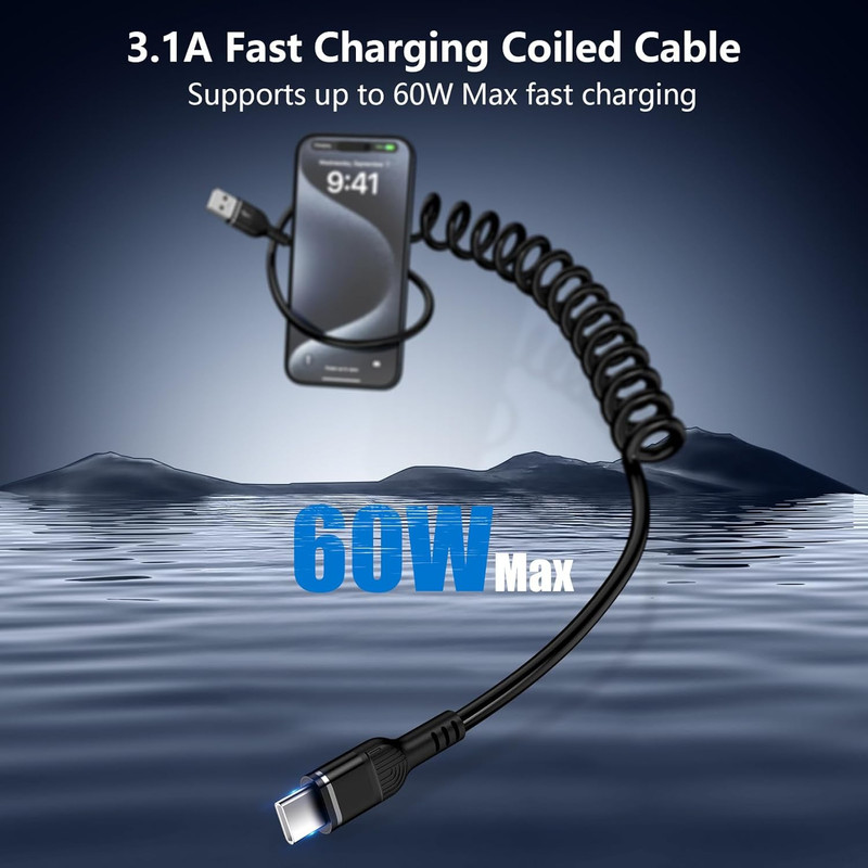 3FT Iphone Coiled Car Charger Cable, [Black] USB-C Coiled Cable for Iphone 17E/1 gallery