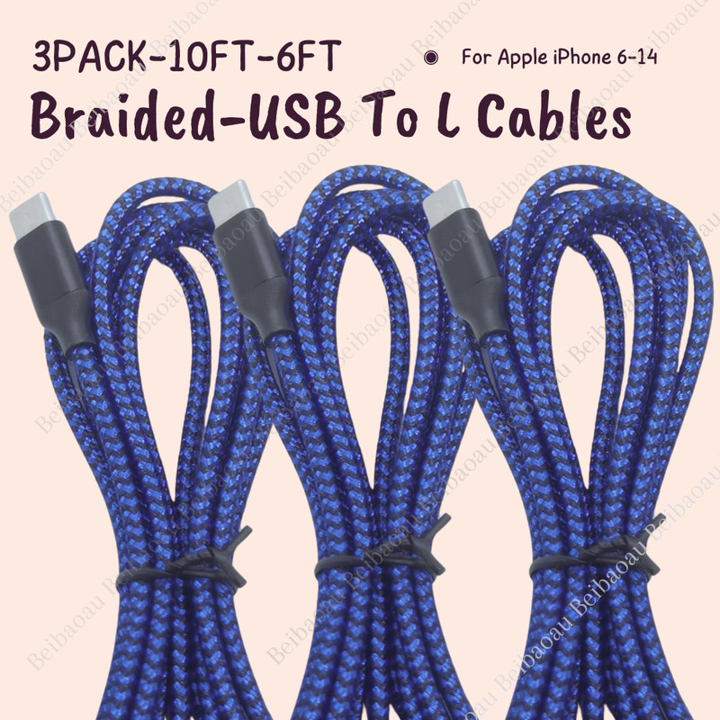 10Ft 6Ft Fast Charger For iPhone 14/13/12/11/XS/8/7/6/5 Braided USB Cable 3PACK