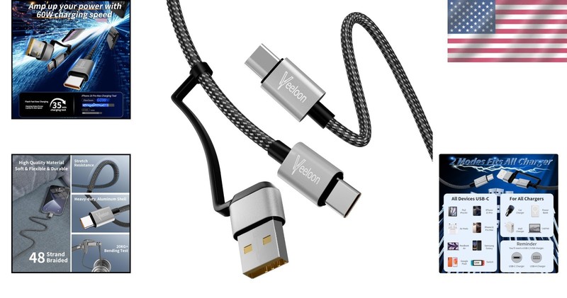 High-Speed 60W USB C Charger Cable - 2FT 2-in-1 Braided Multi-Device Cord gallery