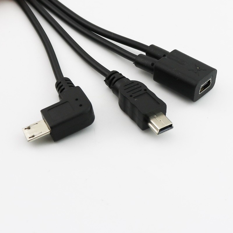 1pc USB Mini Female To Mini Male and Micro Right Angle Male Charger Y Cable 30cm gallery