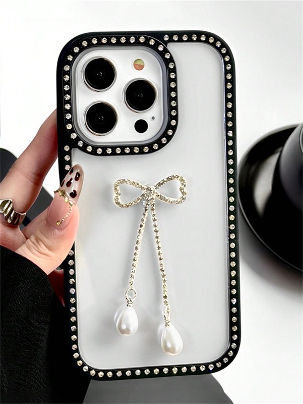 Clear Rhinestone Pearl Bow Phone Case – Shockproof Cover for iPhone 12–16 Pro…